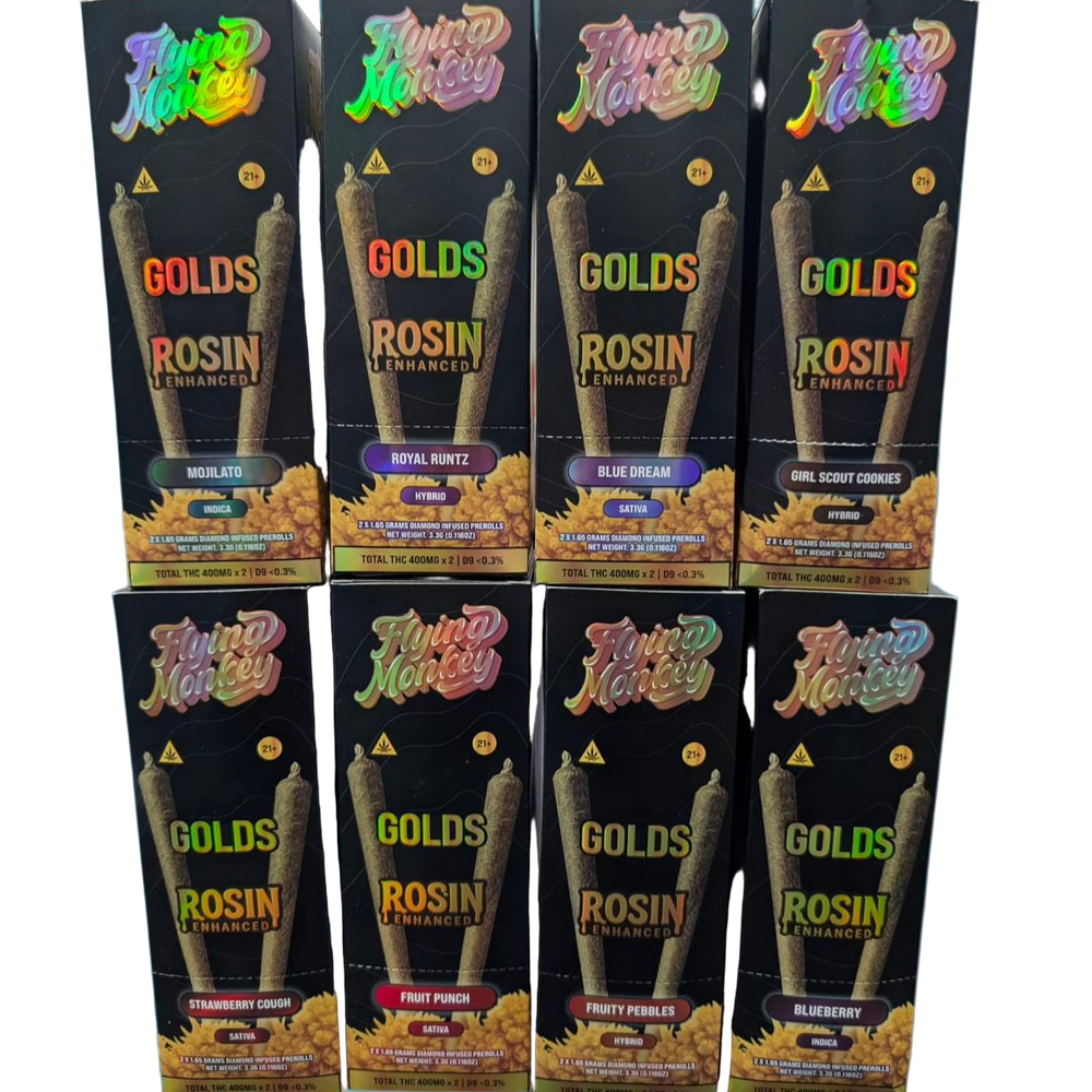 Flying Monkey GOLDS Rosin Enhanced Diamond Infused Prerolls | 2x 1.65g | 10 Count